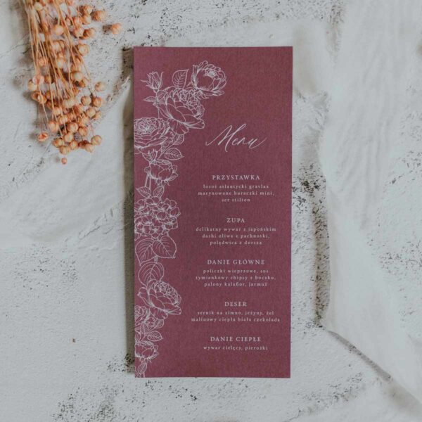 Menu ślubne eustoma w kolorze różowym.