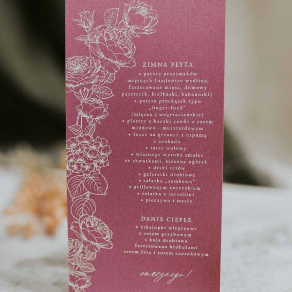 Menu ślubne eustoma w kolorze różowym.