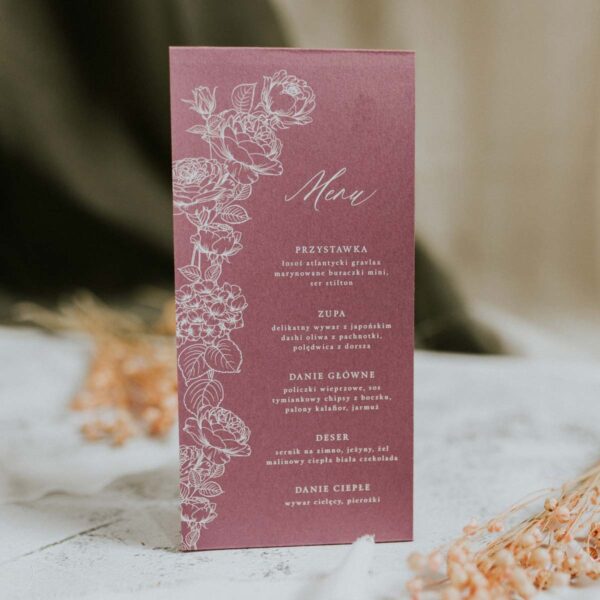 Menu ślubne eustoma w różowym kolorze.