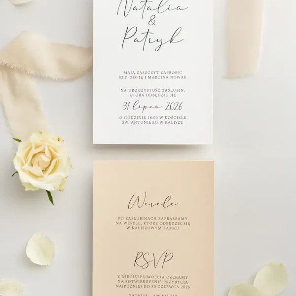 Zestaw minimalistycznych kart zaproszeniowych z delikatnym, kaligraficznym pismem i naturalnymi akcentami.
