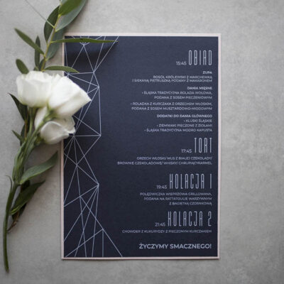 Geometryczne menu weselne z białym drukiem