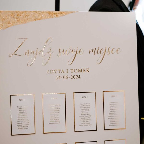 Plan stołów ze złotymi napisami.