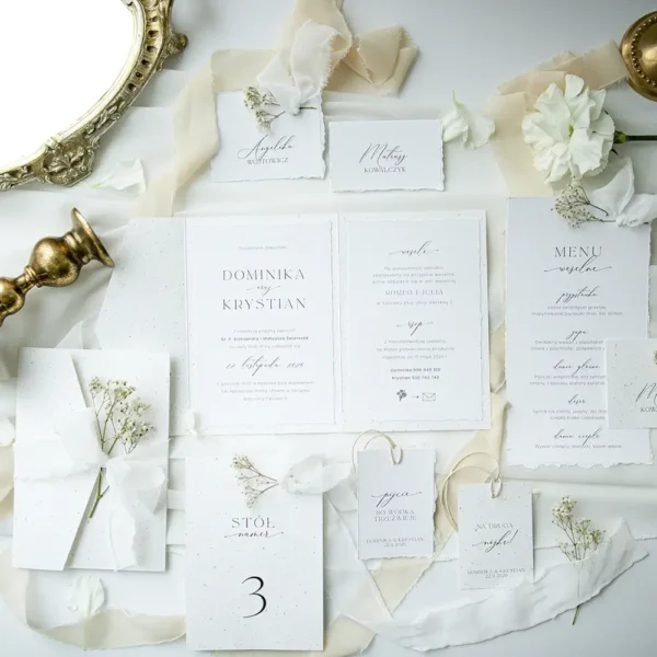 Kolekcja delikatnej papeterii ślubnej z białej kolorystyce