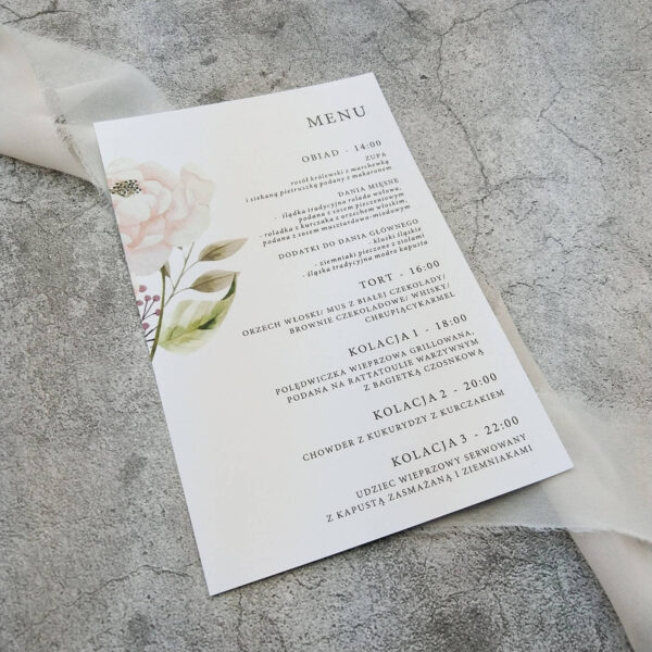 Menu ślubne z motywem pastelowej róży i prostą czcionką