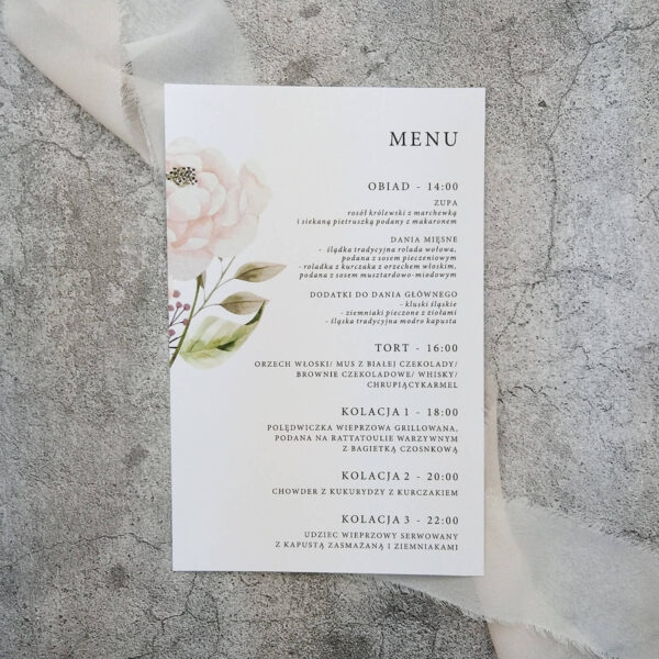 Menu ślubne z prostym drukiem w odcieniach pastelowego różu