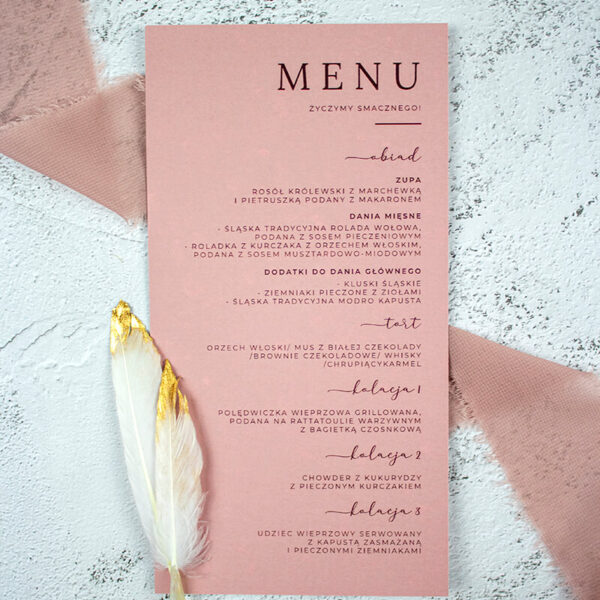 Menu ślubne w odcieniach różu z ozdobnym drukiem