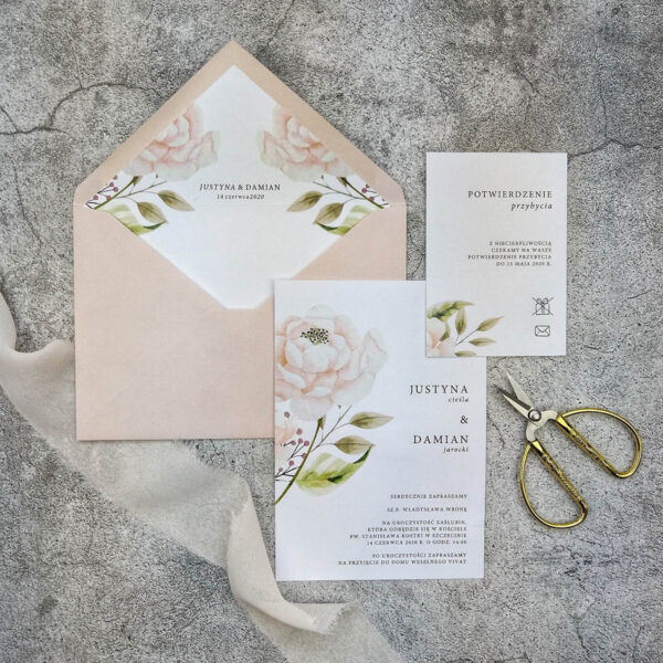 Zaproszenie ślubne z motywem pastelowej róży