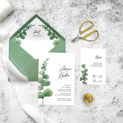 Zaproszenie ślubne w odcieniu zieleni z motywem eukaliptusa
