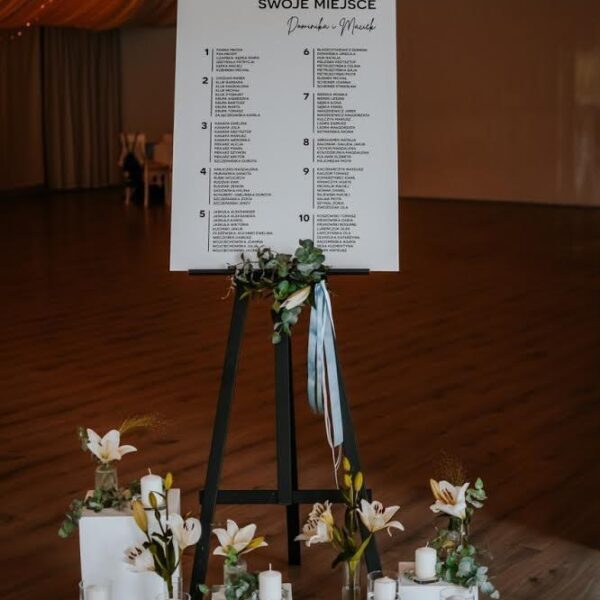 Tablica na salę weselną, rozkład stołów dla gości