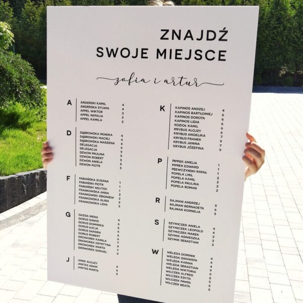 Biały plan stołów na wesele z czarną czcionką