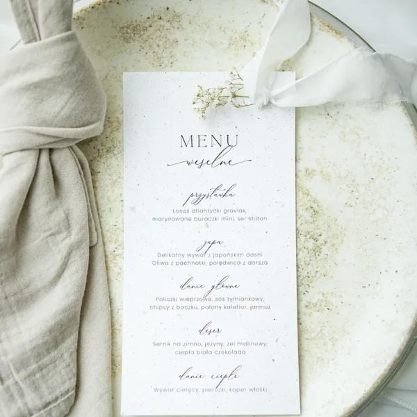 Menu weselne w kolorze lastryko do położenia na talerzyk