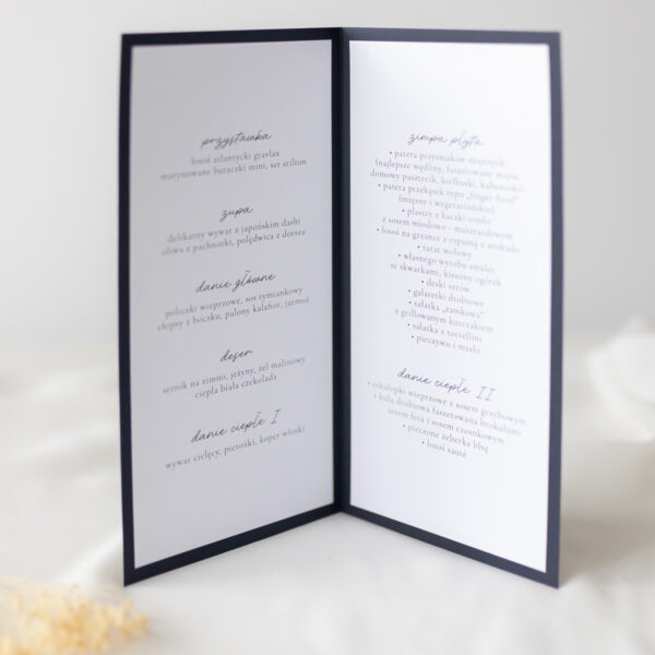 Granatowe menu weselne