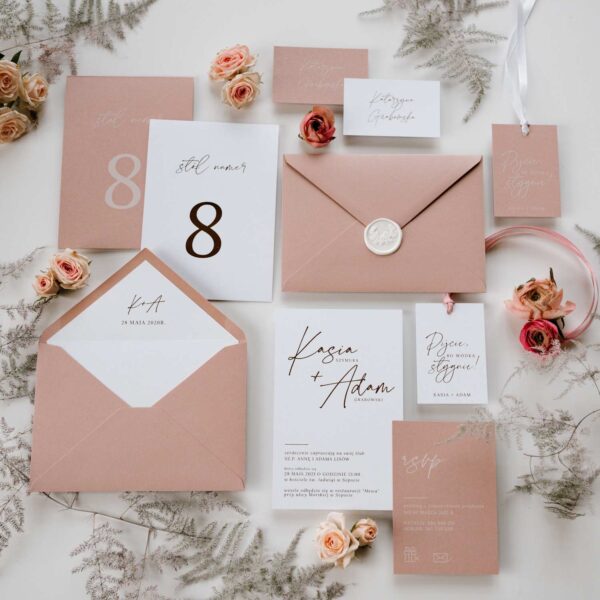 Zaproszenie na Ślub plus dodatki w kolorze bieli i pudrowego różu