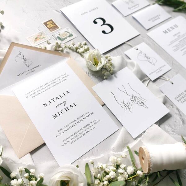 Białe zaproszenie na ślub z prostą grafiką