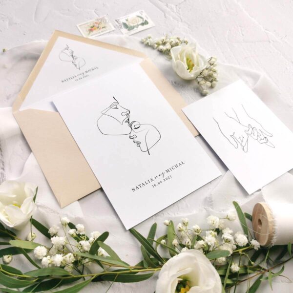 Oryginalne zaproszenie ślubne z delikatnymi zarysami twarzy oraz dłoni