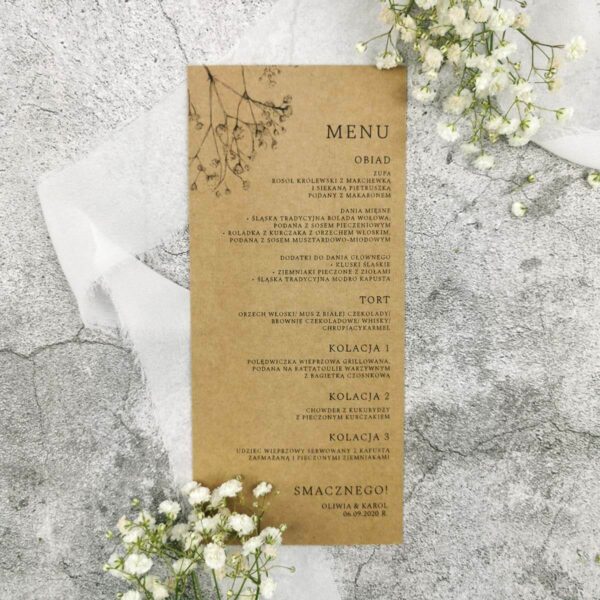 Menu ślubne w stylu eko z kwiecistym dodatkiem
