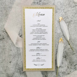 Błyszczące, stojące menu weselne z kaligraficzną czcionką