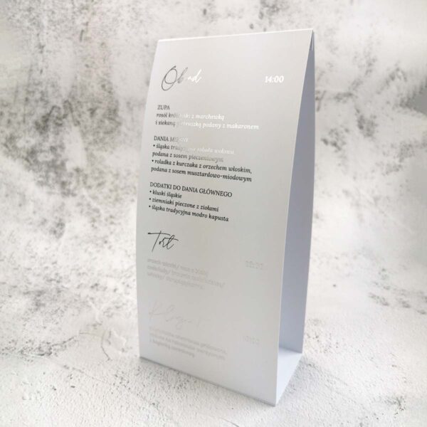Srebrne menu weselne w eleganckim stylu