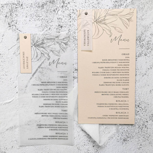 Menu weselne - lilie w dwóch wersjach kolorystycznych