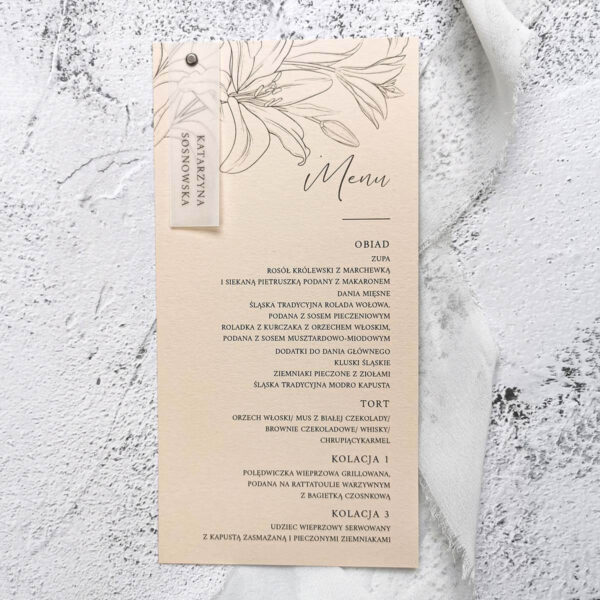 Beżowe menu z liliami w subtelnym stylu