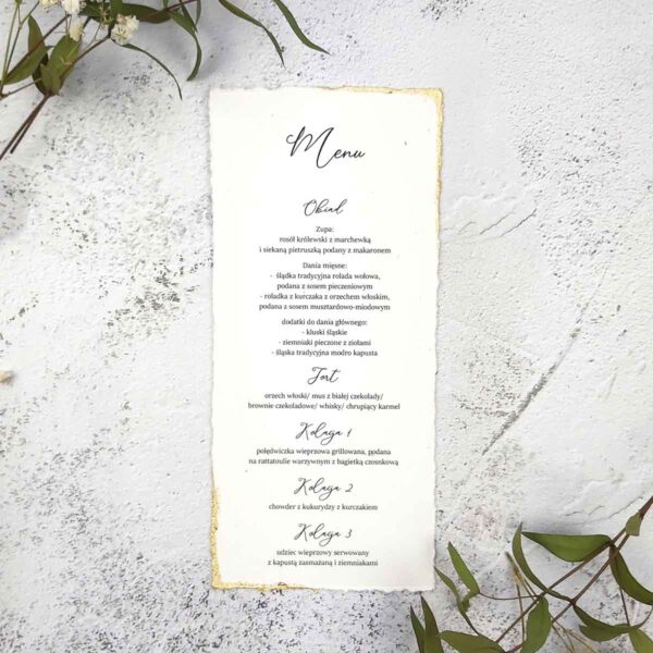 Klasyczne menu weselne ze złoconymi brzegami
