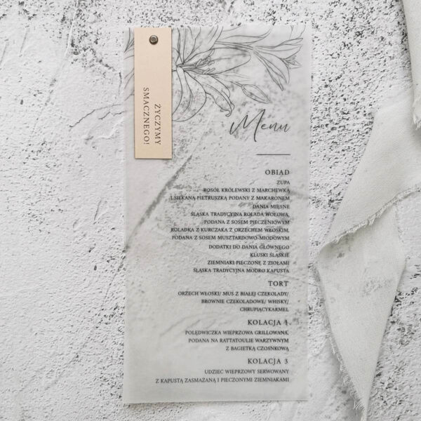 Transparentne menu z winietką i liliami