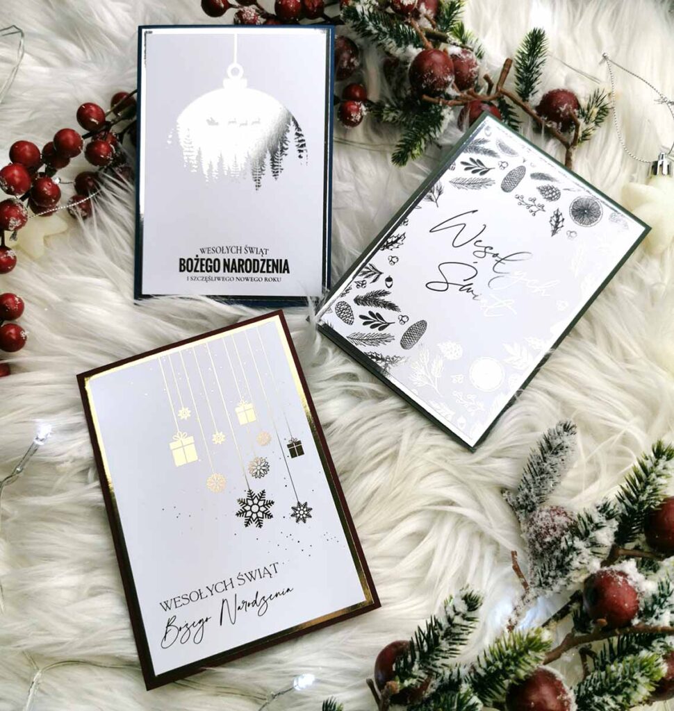 Bożonarodzeniowe życzenia firmowe z posrebrzanymi zdobieniami