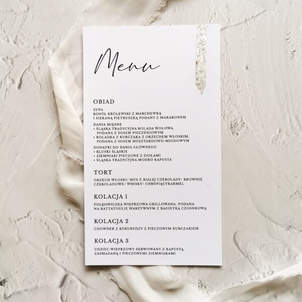 Eleganckie menu weselne, ze złotymi zdobieniami