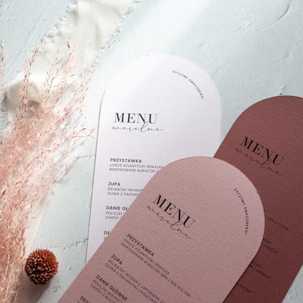 Karta dań weselnych, w odcieniach różu