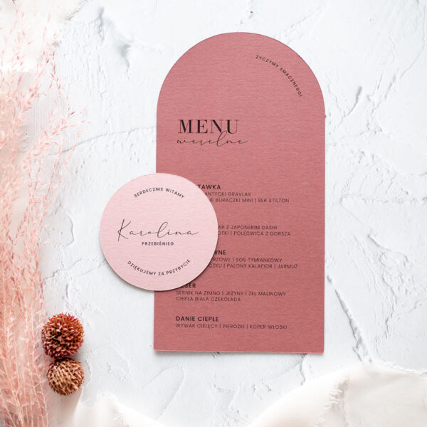 Menu weselne i okrągła winietka, w różowym kolorze