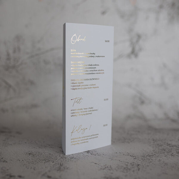 Ozdobne menu weselne ze złoconymi napisami