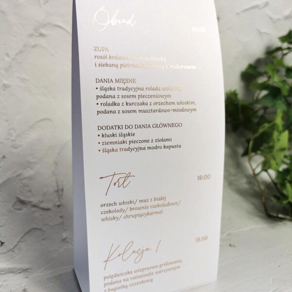 Stojące menu ślubne, laminowane złotą folią.