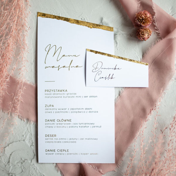 Ozdobne menu ślubne i winietka, ścięta po skosie.