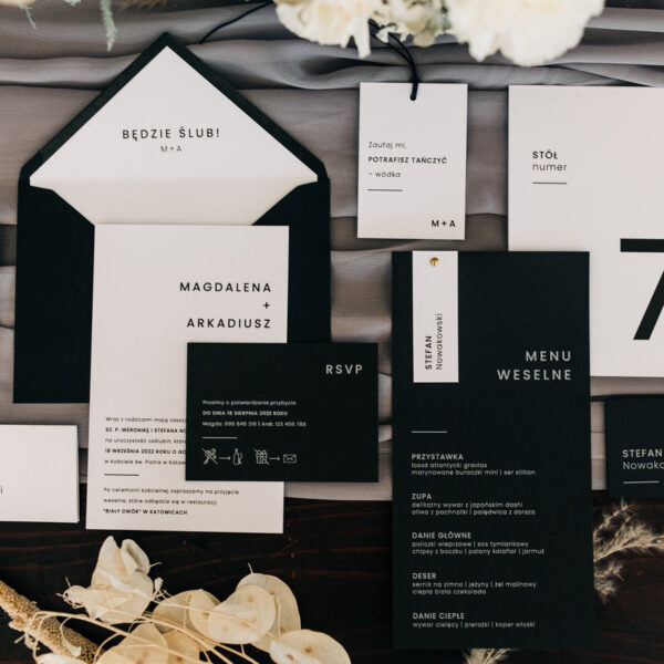Minimalistyczna zaproszenie ślubne plus dodatki - motyw mono.
