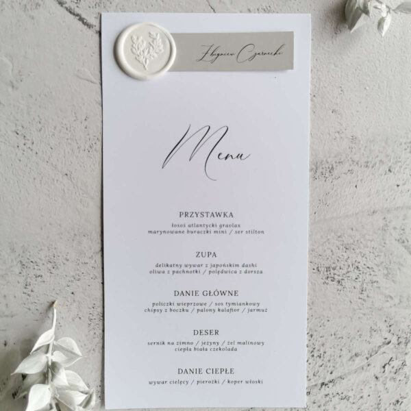 Menu weselne pod zielonym dębem z winietka z lakiem