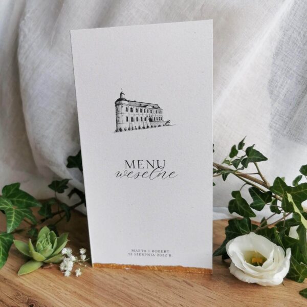 Menu weselne z wzorem zamkowym z ręcznym złoceniem
