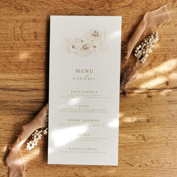 Menu weselne z wzorem dalii.