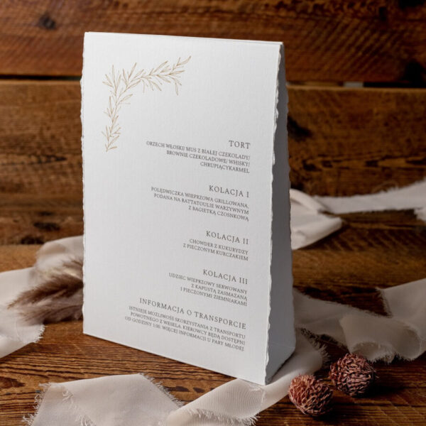 Menu ślubne ruscus z szarpanymi brzegami