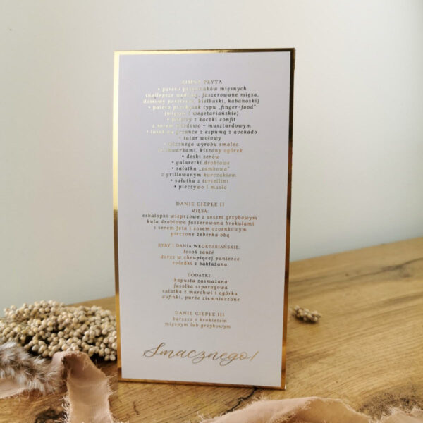 Menu weselne ze pozłacanymi napisami na podklejce