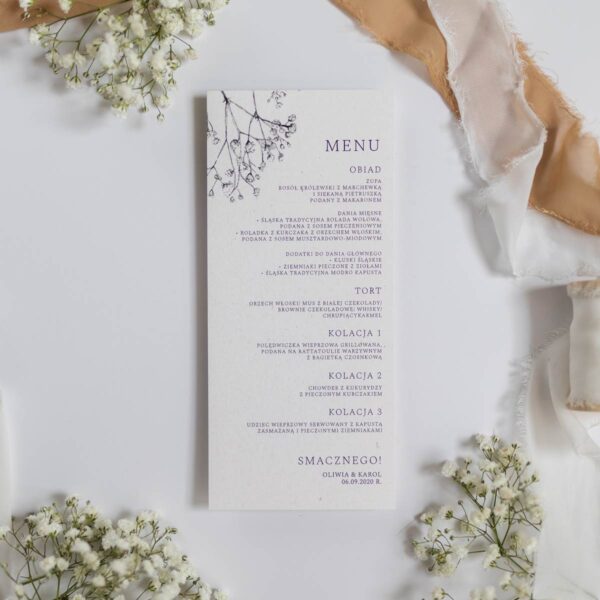 Menu weselne w kolorze białym z motywem gipsówki - tył