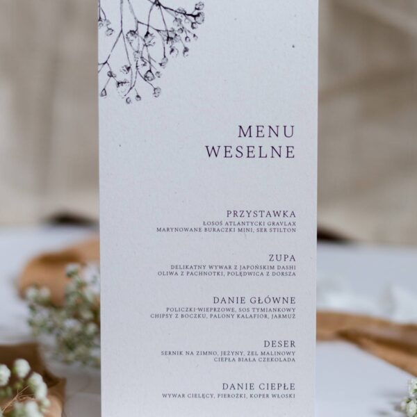 Stojące Menu weselne w kolorze białym z motywem gipsówki