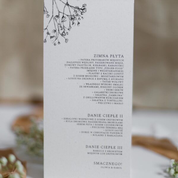 Stojące Menu weselne w kolorze białym z motywem gipsówki - tył