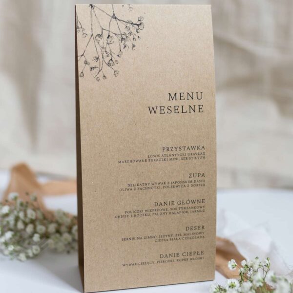 Stojące Menu weselne w style Eko z motywem gipsówki