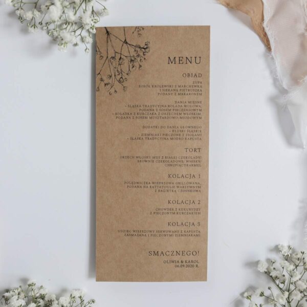 Menu weselne w style Eko z motywem gipsówki