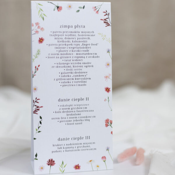Stojące menu weselne z motywem polne kwiaty - tył