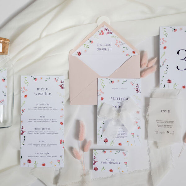 Zaproszenie na ślub plus dodatki z motywem polnych kwiatów