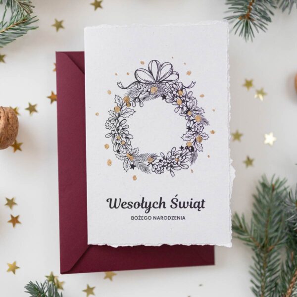 Minimalistyczne kartki świąteczne z wieńcem, ręcznie robione, złocone