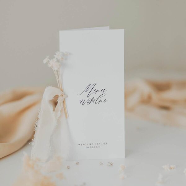 Menu weselne z winietą i kwiatami Boho, biały papier