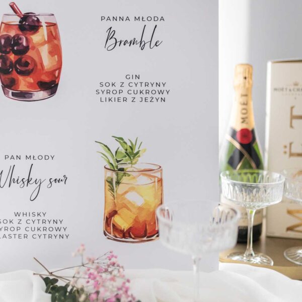 Tablica z drinkami idealna na imprezy okazjonalne jak wesela na tle białego eleganckiego stołu z alkoholem - DRINK BAR na zdrowie !