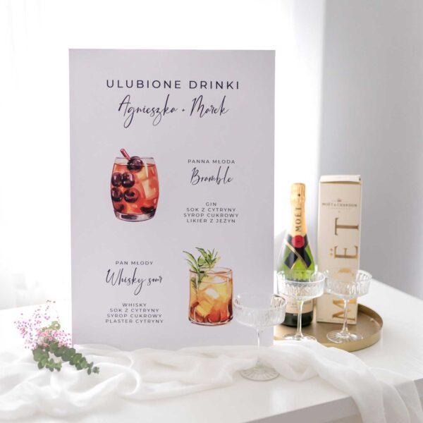 Tablica z drinkami idealna na imprezy okazjonalne jak wesela na tle białego eleganckiego stołu z alkoholem - DRINK BAR na zdrowie !